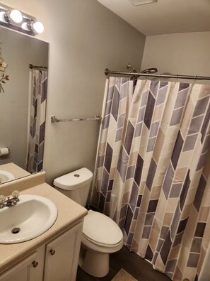 Hair dryer, towels, soap, toilet paper