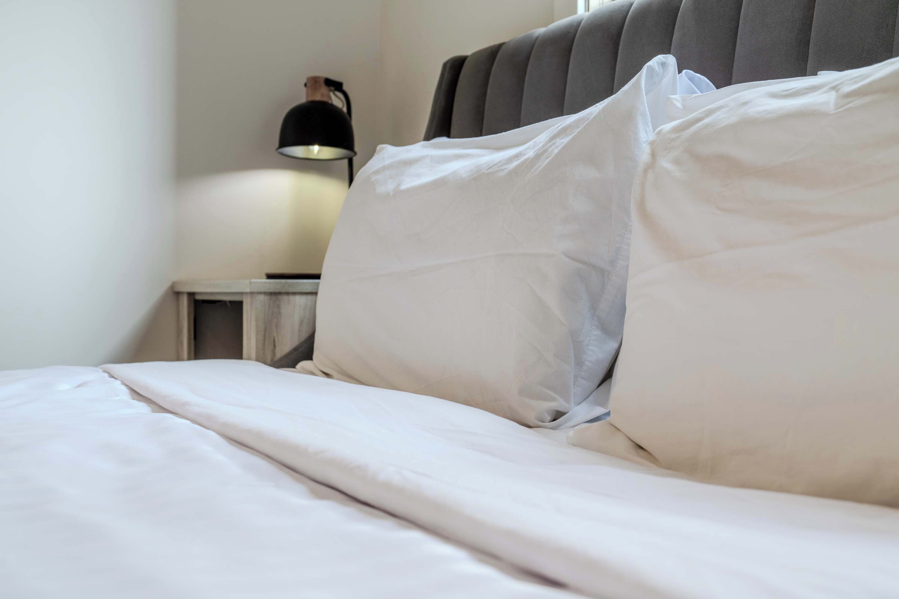 A neatly made bed with white linens, a bedside lamp, and a gray upholstered headboard.