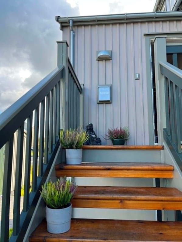 A set of wooden steps leading to a door, with potted plants on the landing.