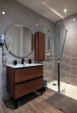 Une salle de bain moderne avec un meuble-lavabo, un miroir, une douche et un espace de douche séparé par des parois en verre.