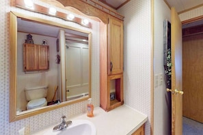 A bathroom with a wooden vanity, a large mirror, and a toilet visible in the reflection. - 4BR - Cozy Cabin - Hot Tub (McHenry)