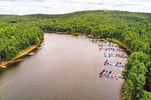 Un lago rodeado de un bosque denso, un puerto deportivo con barcos y un muelle.