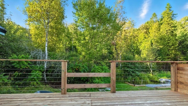 Una terraza de madera con cerramiento metálico y un fondo natural de árboles y vegetación.