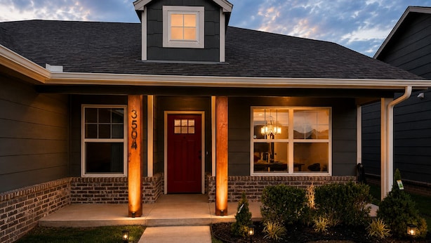A residential house with a red door, a front porch, and a brick foundation. - 10 Sleeps, Spacious Family, Friends & Pet Condo, Near Rose Dist & Gathering PL (Broken Arrow)