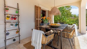 Un espacio exterior con comedor, una mesa de madera, sillas de mimbre, una lámpara colgante y un estante de madera con varias plantas en macetas.