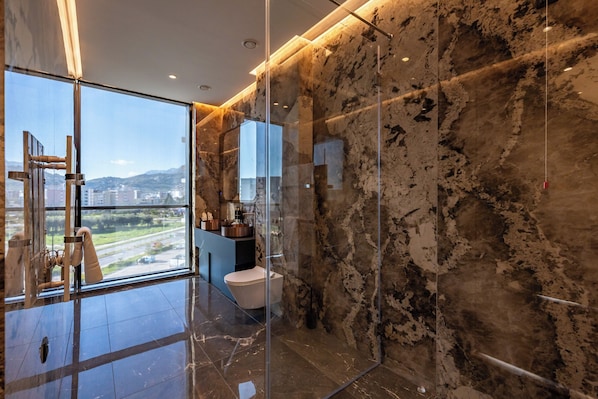 A modern bathroom with a glass shower enclosure, a toilet, and a vanity with a sink.