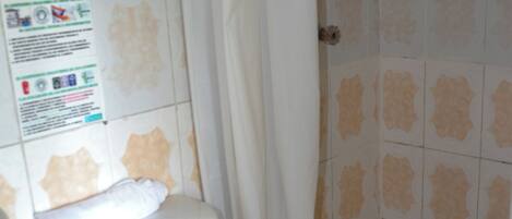 Une salle de bain avec des toilettes, un rideau de douche et des murs carrelés.