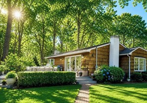 A wooden house with a covered patio, surrounded by lush greenery and trees. - Adorable Ram Island Water View Home & Guest Cottage with beach access (Shelter Island)