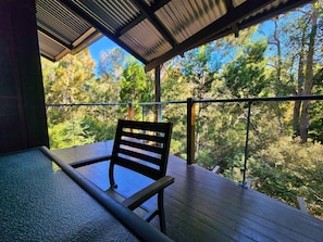 A wooden deck with a metal railing overlooking a forested area.