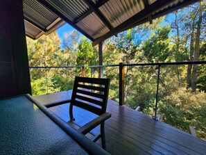 Um deck de madeira com guarda-corpo de metal com vista para uma área arborizada.