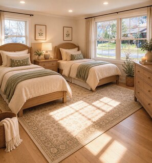 A bedroom with two beds, a nightstand, a dresser, and a large window with a view of the outside. - Fabulous 6-bedroom house with AC in charming Montclair (Montclair)