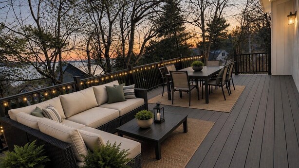A deck with a sofa, table, chairs, and string lights. - Fabulous 6-bedroom house with AC in charming Montclair Estate Section (Montclair)