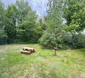 Een picknicktafel en een vogelvoerder in een gazon met bomen op de achtergrond.