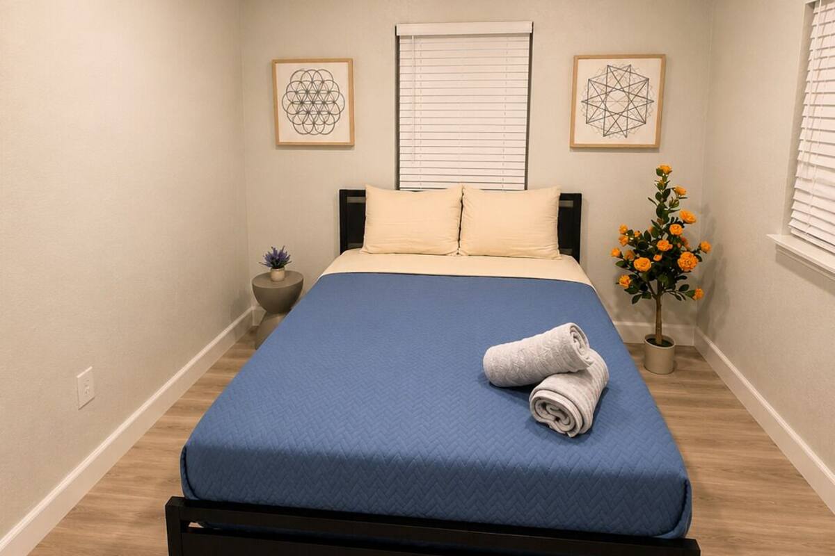 A bedroom with a bed, a window with blinds, a potted plant, and two framed artworks on the wall.