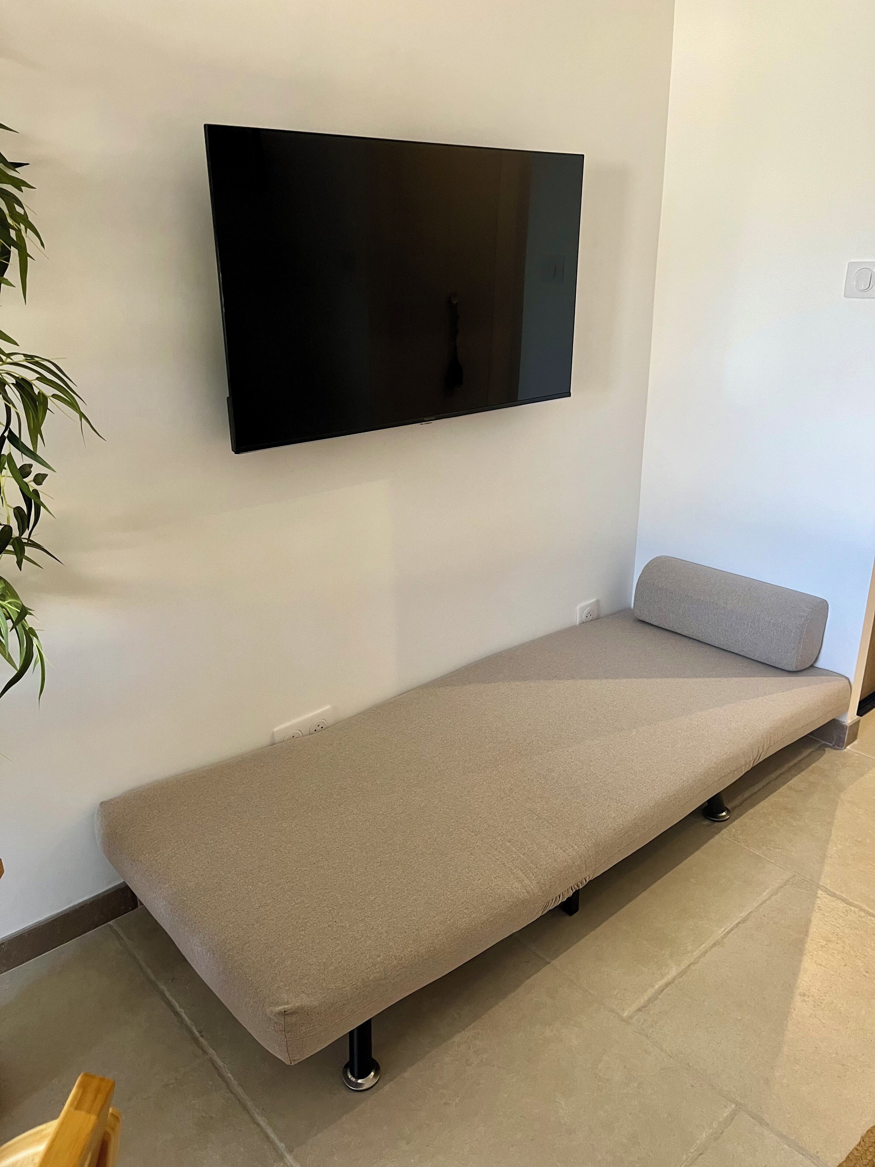 A room with a wall-mounted TV, a sofa, and a potted plant.