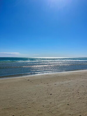 Une plage avec un ciel dégagé et une mer calme.