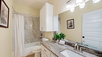 Un baño con ducha, inodoro, lavabo y espejo.