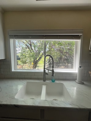 A kitchen with a white sink, a window with a view of trees, and a towel dispenser.
