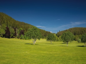 A golf course with open grassy areas, trees, and a forested hill in the background.
