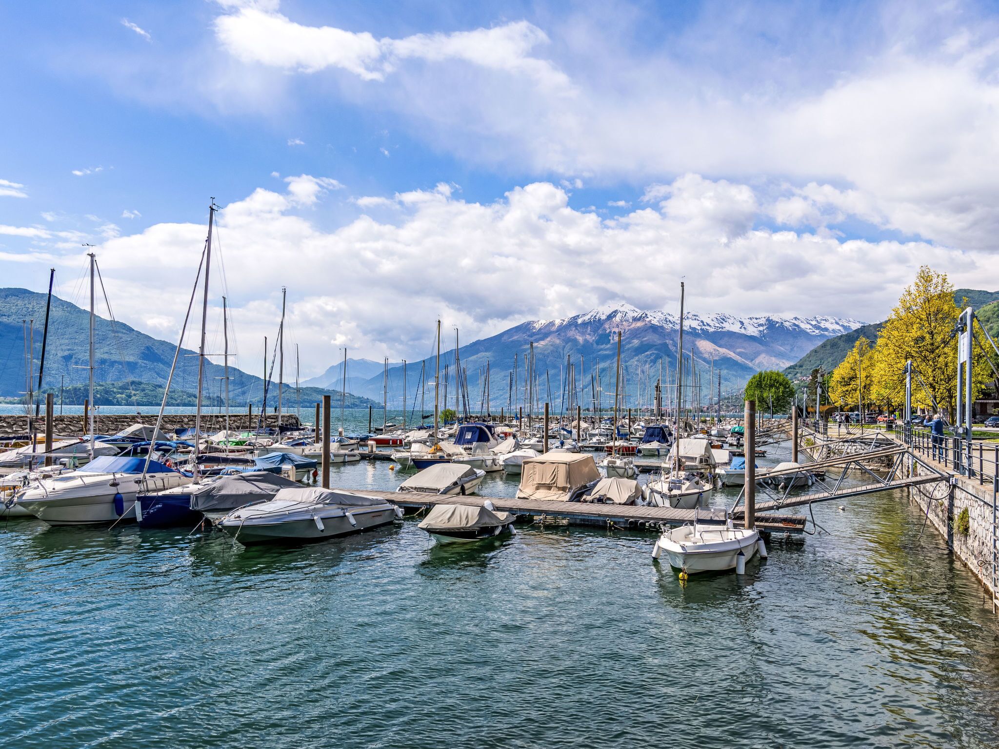 A marina with boats docked, a dock, and a mountainous backdrop.