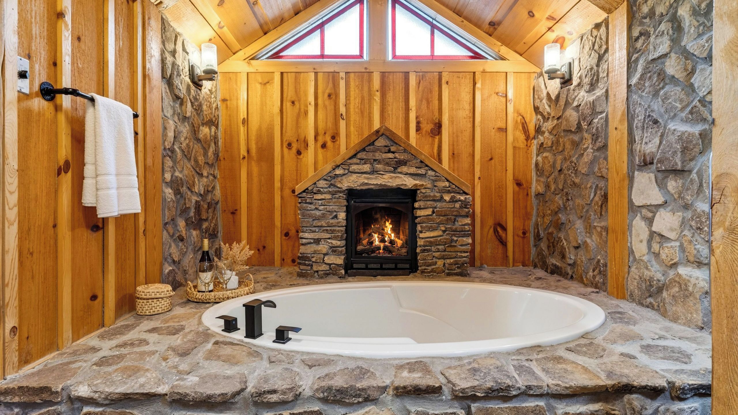 Un baño con suelo de piedra, chimenea de piedra, paredes de madera y una bañera grande.