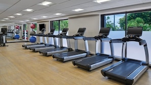 Uma academia com esteiras, bolas de exercício e vista para o verde lá fora.