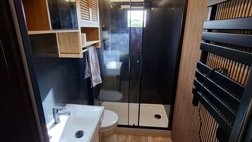 Shower, towels, soap, toilet paper
