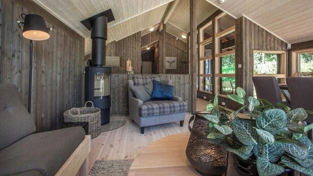 Un interior de cabaña acogedor con chimenea, un sofá, un sillón y un ventanal grande.