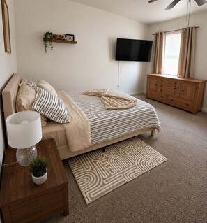 A bedroom with a bed, a TV, a dresser, a lamp, and a plant.