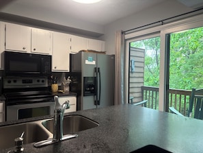 A kitchen with a microwave, oven, refrigerator, and sink. - Walk to Slopes, Village & Market. Pool, Dog-Friendly, Bonus Kids Room, Fireplace (Wintergreen Resort)