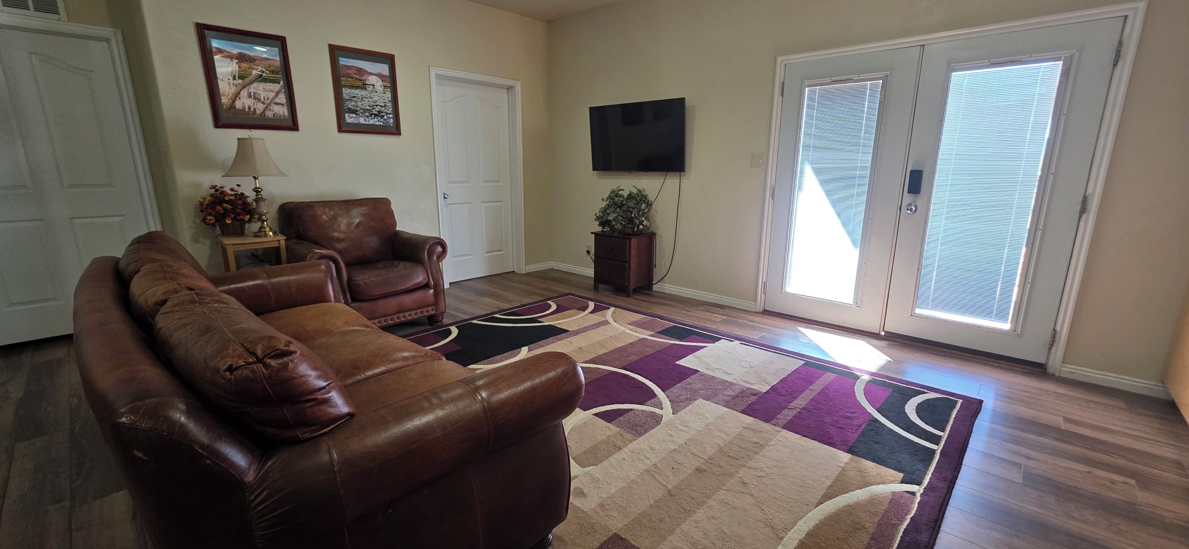 A living room with a brown leather sofa, a patterned rug, a television, and a door with a window.