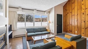 Ein Zimmer mit Kamin, einer Couch, einem Couchtisch und einem großen Fenster mit Blick auf Bäume.