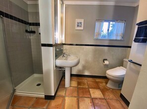 A bathroom with a shower, sink, toilet, and a window with curtains.