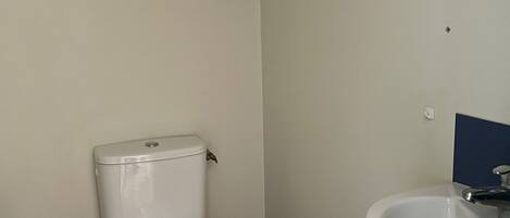 Un baño pequeño con inodoro, lavamanos y un rollo de papel higiénico.
