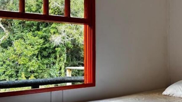 Une pièce avec un lit, une fenêtre aux cadres rouges et une vue sur la verdure.