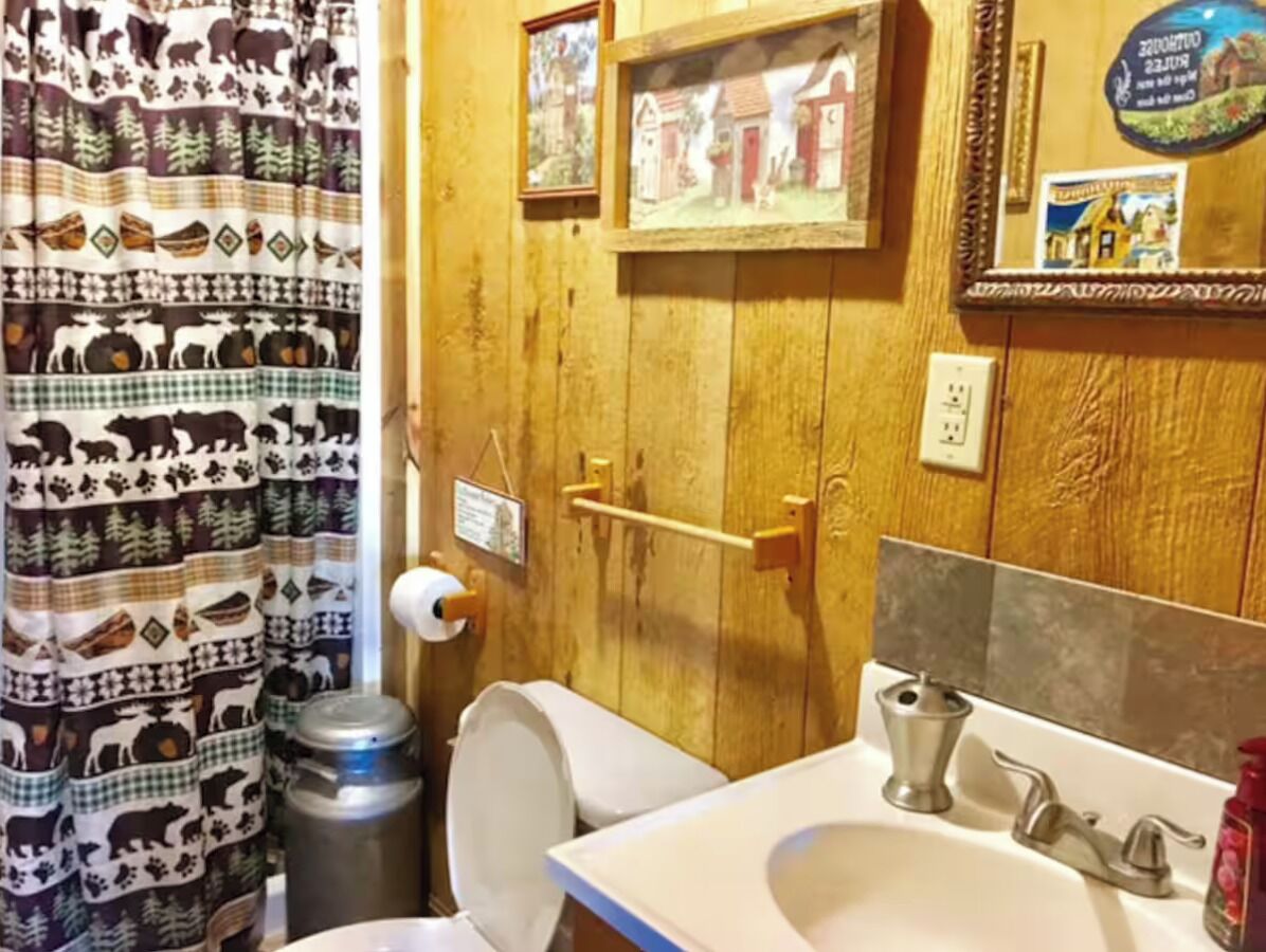 A bathroom with a wooden door, a toilet, a sink with a mirror, and a shower curtain with animal prints.