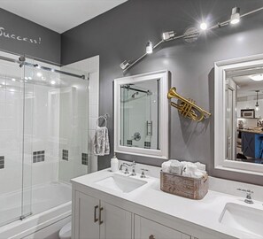 Hair dryer, towels, soap, shampoo