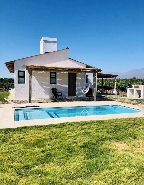 A modern house with a swimming pool, a covered patio, and a view of the vineyard.