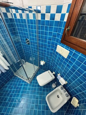 Uma casa de banho com chuveiro em cabine de vidro, uma sanita branca e lavatório.