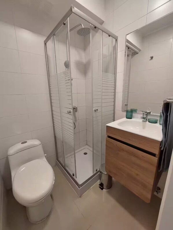 Chuveiro, secador de cabelo, toalhas de banho, sabonete