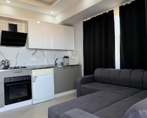 A modern kitchen with a built-in oven, a dishwasher, and a stove. There is a grey sofa and a window with black curtains. - Doğuş Apart (Antalya)