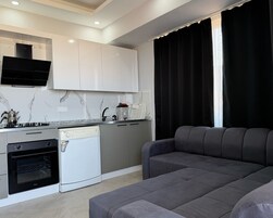Cozinha moderna com forno embutido, máquina de lavar louça e fogão. Há um sofá cinza e uma janela com cortinas pretas.