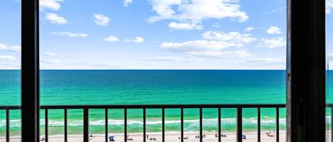 On the beach, sun loungers, beach towels