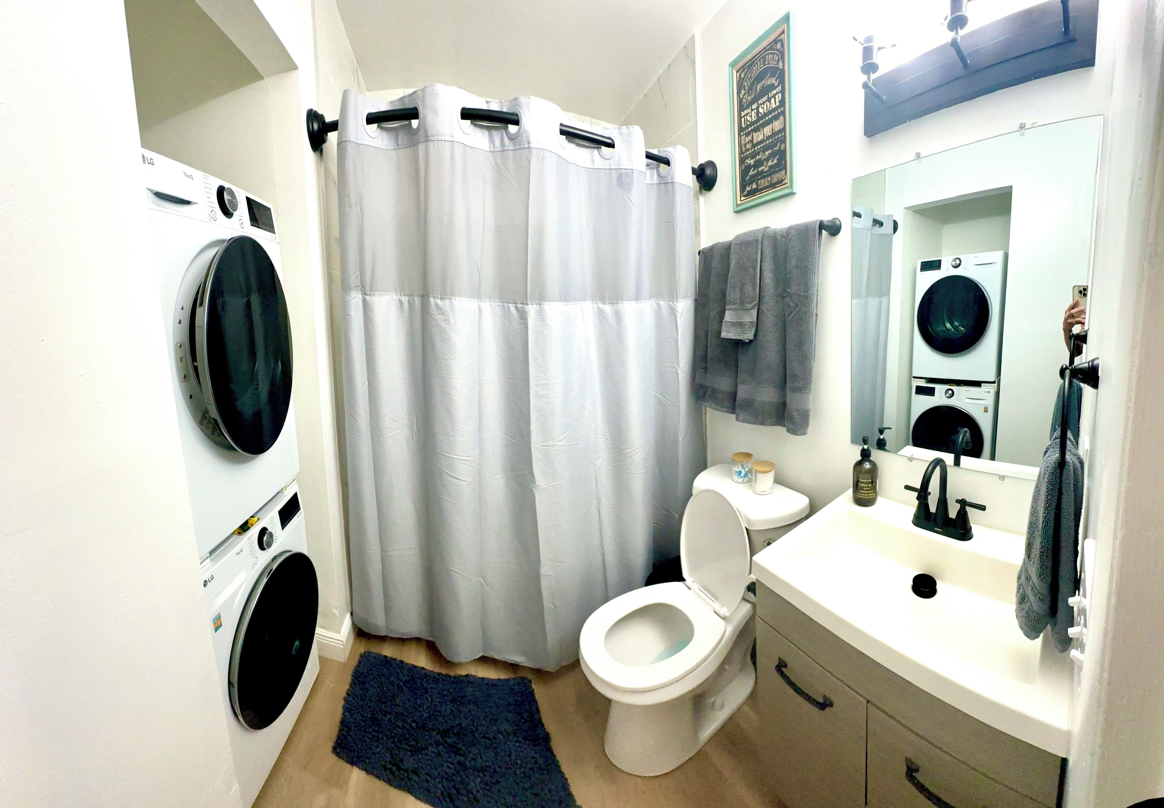 Hair dryer, towels, soap, toilet paper