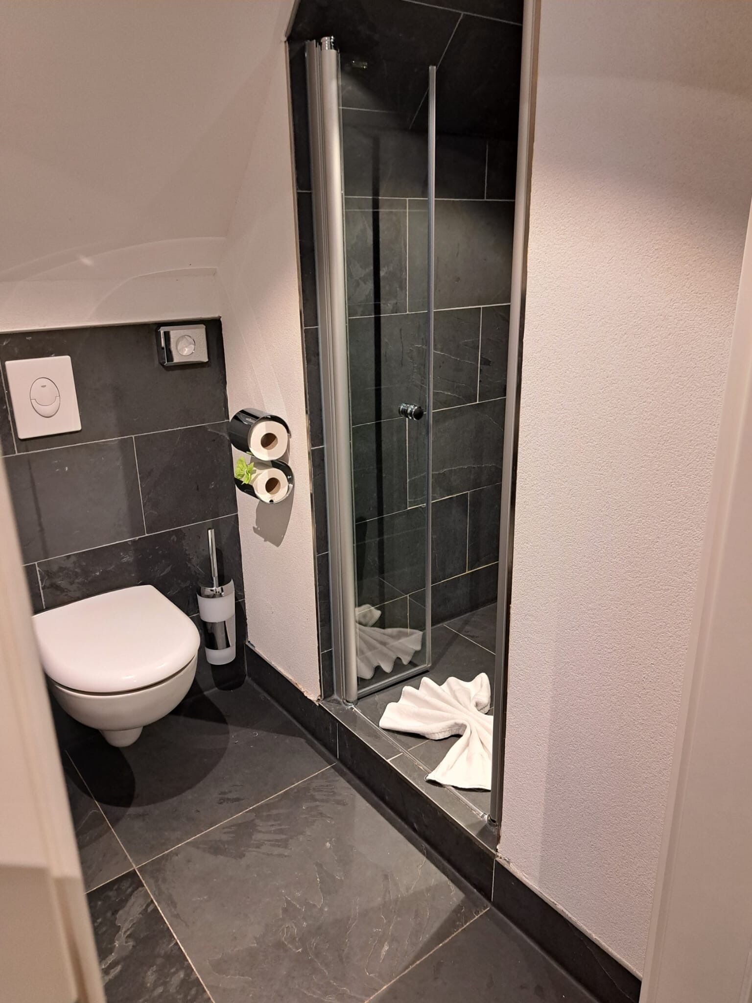 A bathroom with a toilet, a glass shower enclosure, and a towel on the floor.