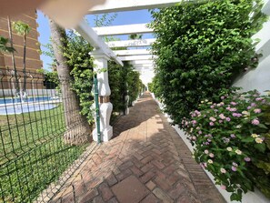 Ein gepflasterter Weg führt zu einem Poolbereich, umgeben von Grünpflanzen und einer weißen Pergola.