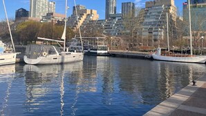 Eine Marina mit vertäuten Booten, im Hintergrund eine Stadtansicht und ein klarer, blauer Himmel.