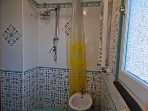 Een douche, een haardroger, een bidet, handdoeken