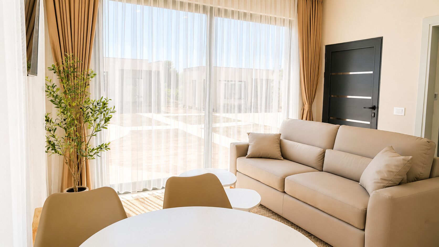 Un salon moderne avec un canapé beige, une table ronde et une plante en pot.