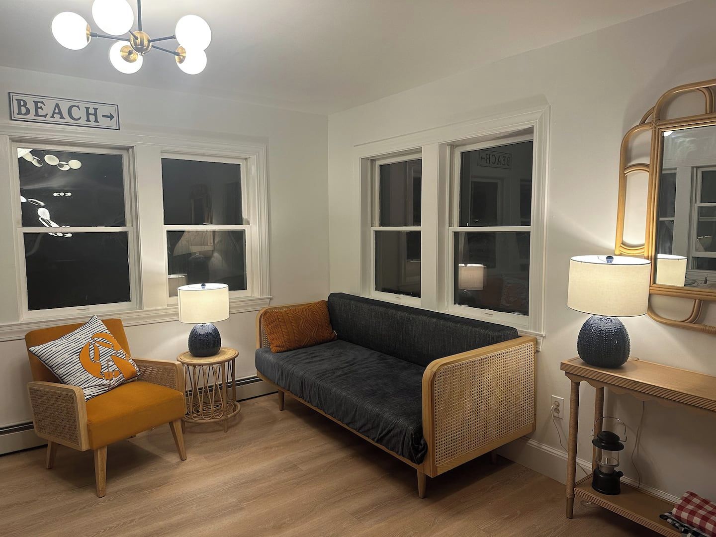Large open plan living/kitchen/dining is cozy at night.